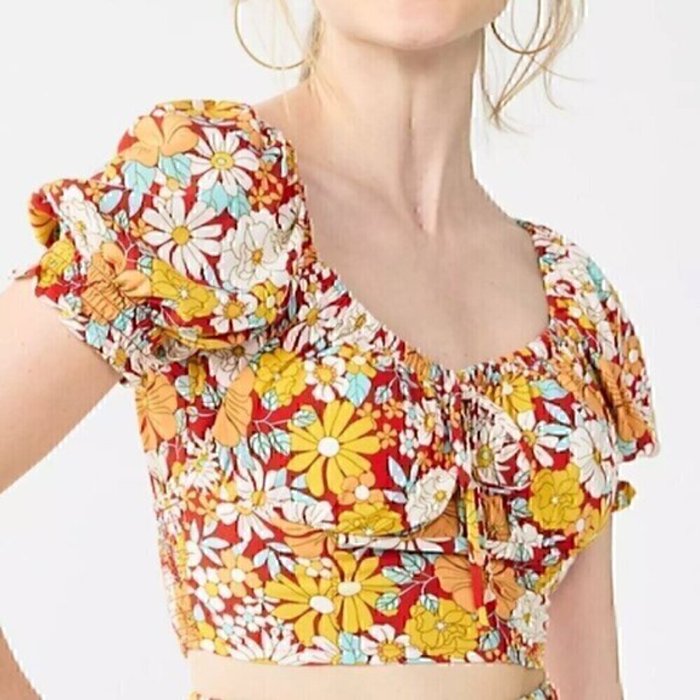 NEW NWT SO Cropped Floral Puff Sleeve Top Red Mustard Short Sleeve Y2K Crop Top